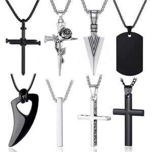 8 Pcs Black and Silver Stainless Steel Necklace, Cross Pendant Necklace
